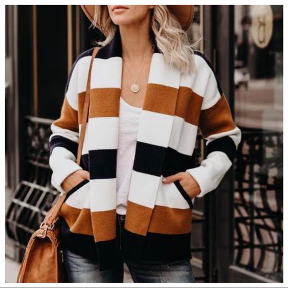 Vici Sweaters - Vici Pocketed Striped Cardigan Size L